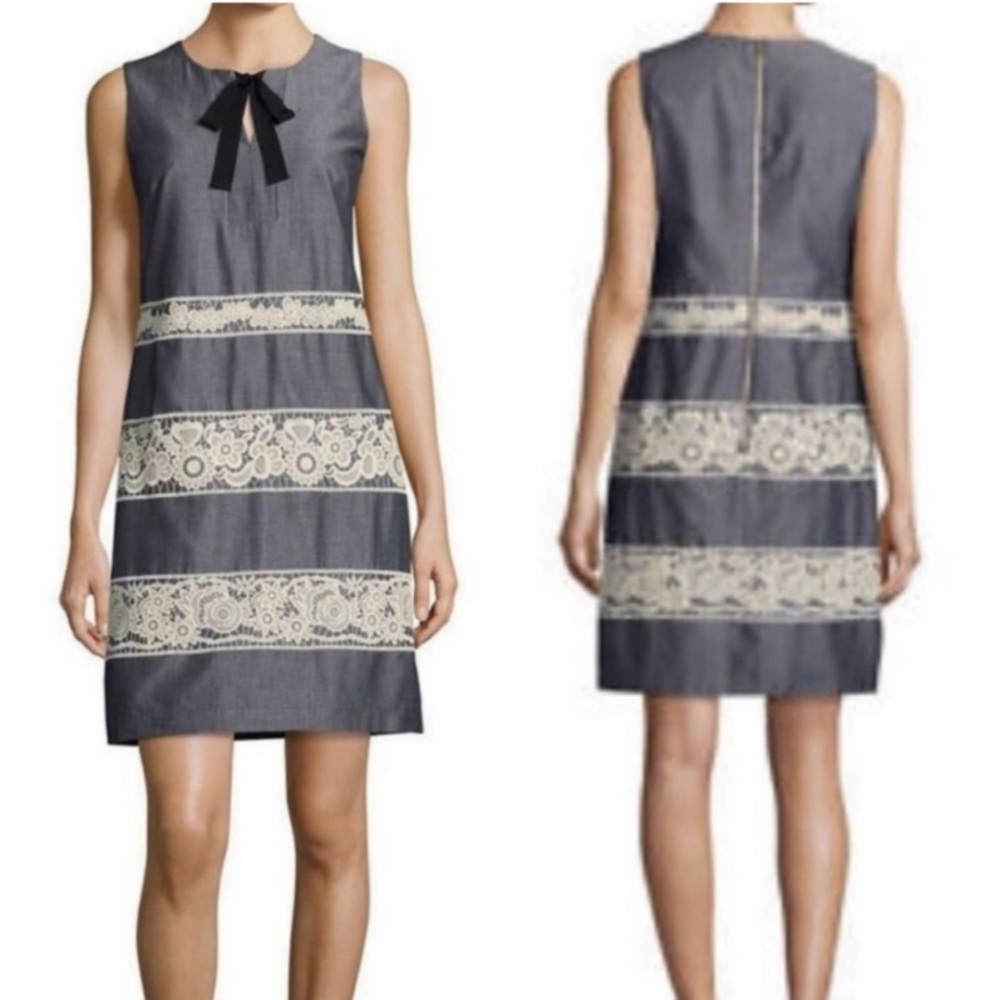 Karl Lagerfeld Lace Panel Bow Neck Sleeveless Shift Dress Gray Size 6